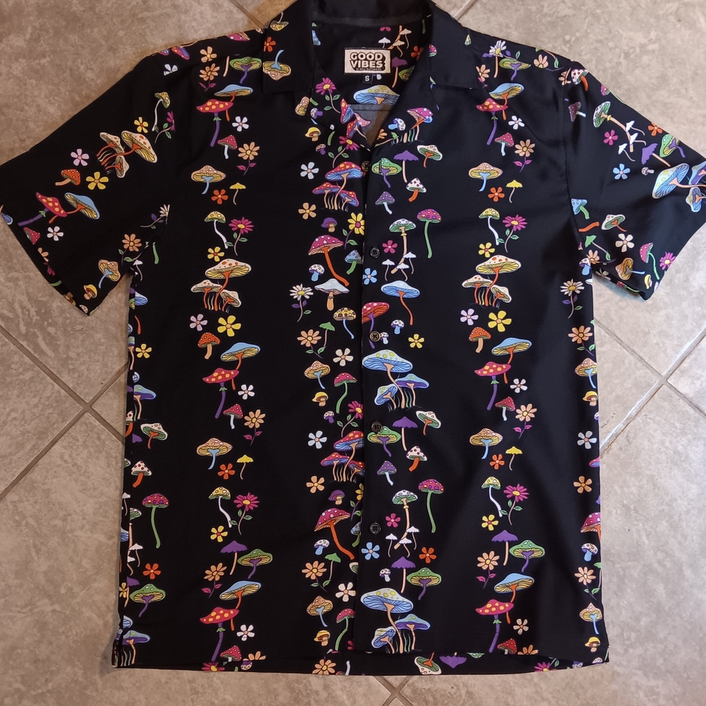 Black Casual Button Down Shirt with Mushroom Pattern